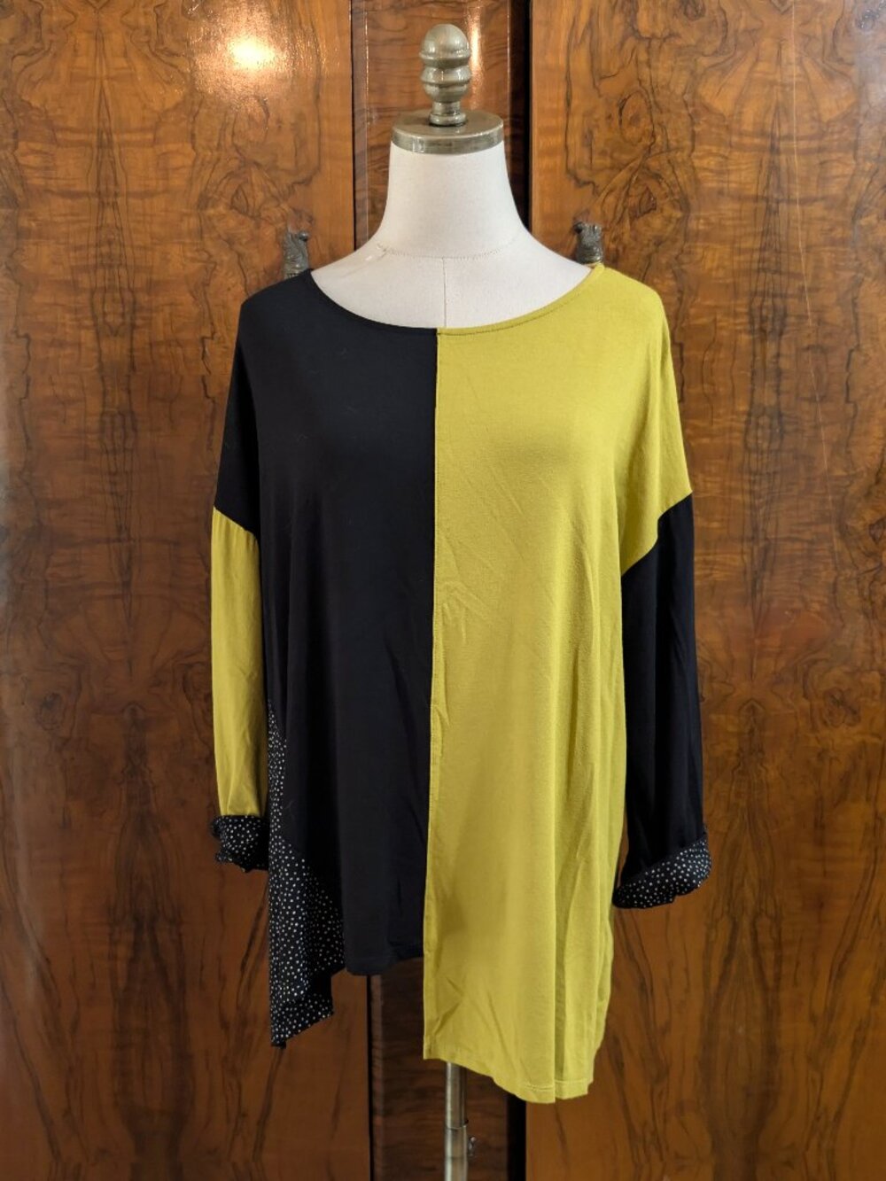 Lisa Bayne Art to Wear Split Color Block Tunic Top XL Polka Dot Cuff Quirky